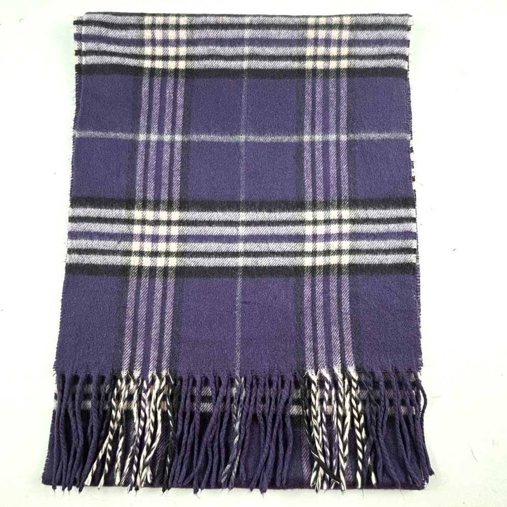 V. Fraas‎ Scarf Unisex Purple Cashmink Plaid Fringe Made in Germany Preppy Soft